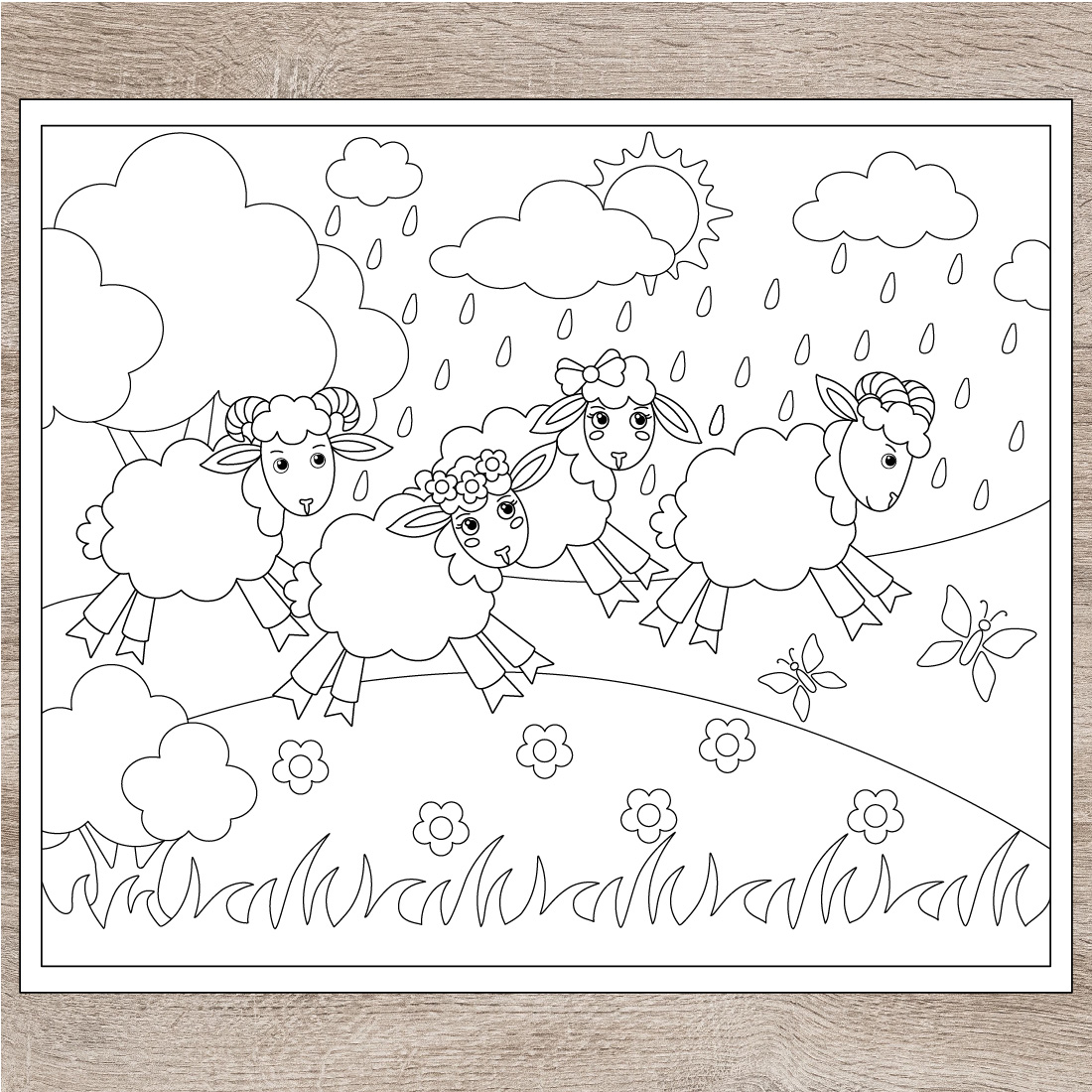 Cute Sheep in the pasture - coloring book for children preview image.