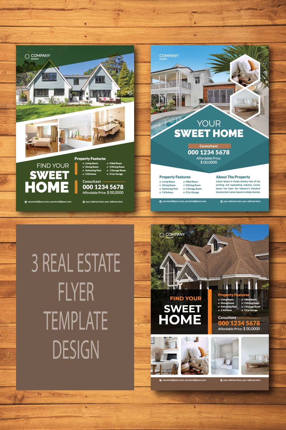 3 Real Estate Flyer Template Design pinterest preview image.