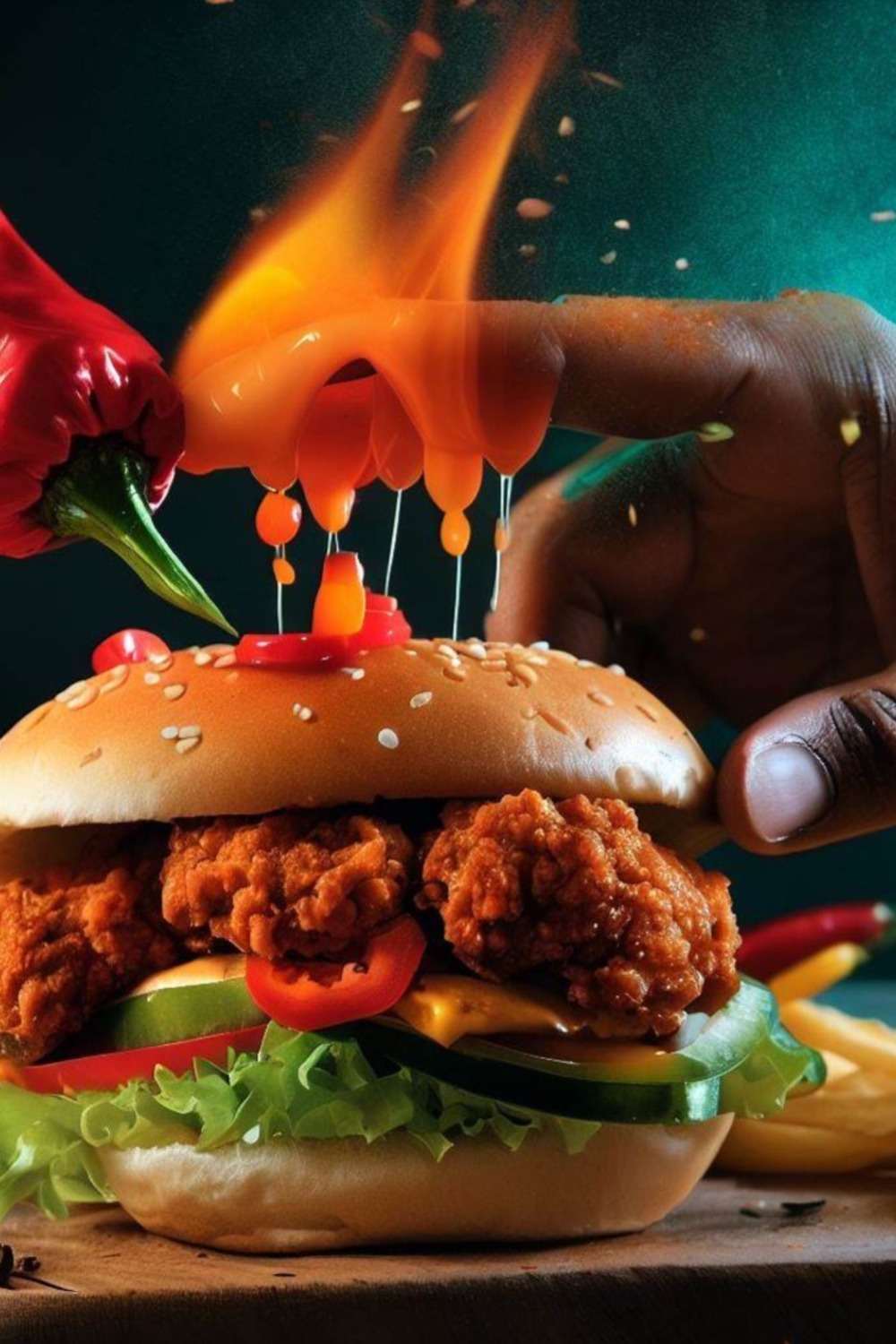 Inferno Delight: The Spicy Crispy Hot Burger" pinterest preview image.