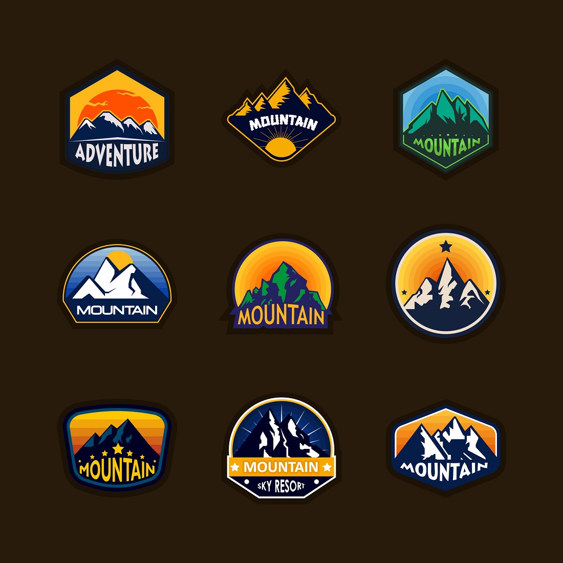 Set of nine mountain travel emblems camping preview image.