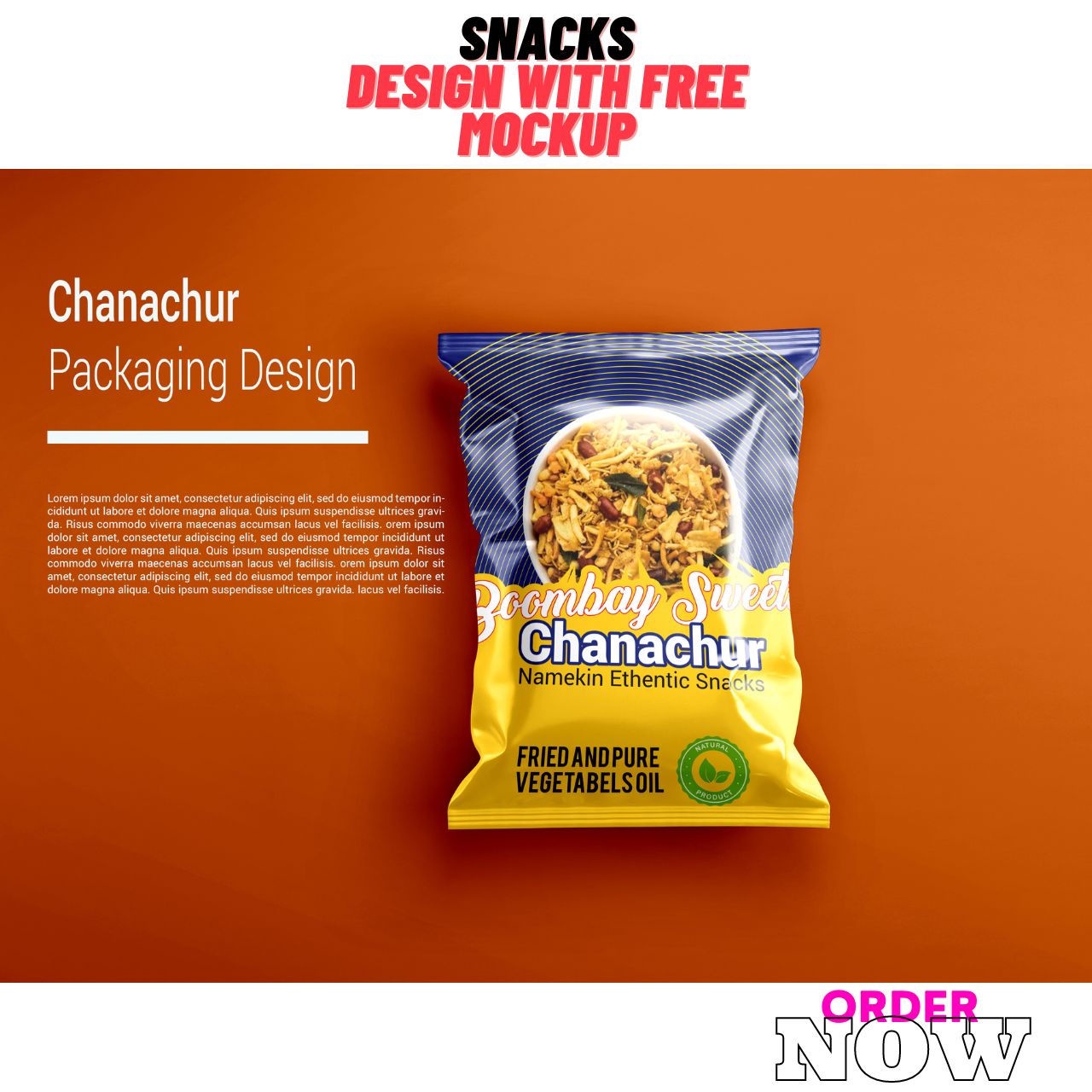 Snacks Packaging Design with free Mockup preview image.