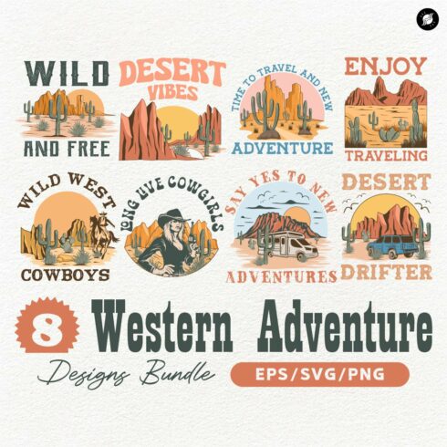 Retro Western Travel Adventure Vector T-shirt Designs Bundle cover image.
