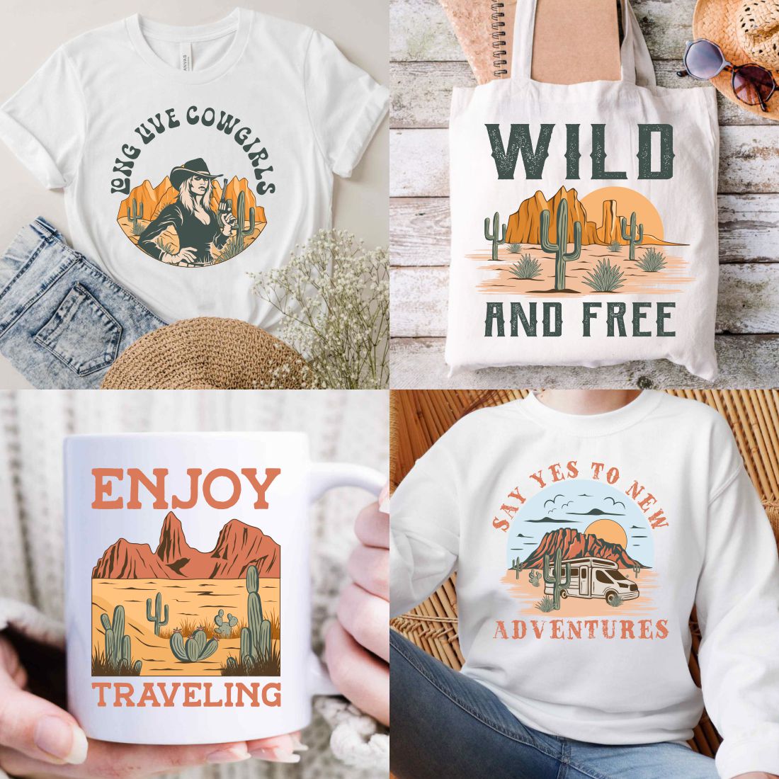 Retro Western Travel Adventure Vector T-shirt Designs Bundle preview image.