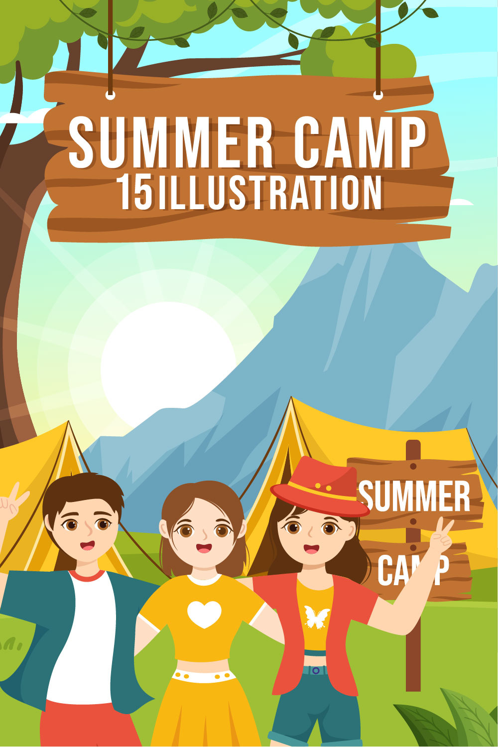 15 Summer Camp Vector Illustration pinterest preview image.