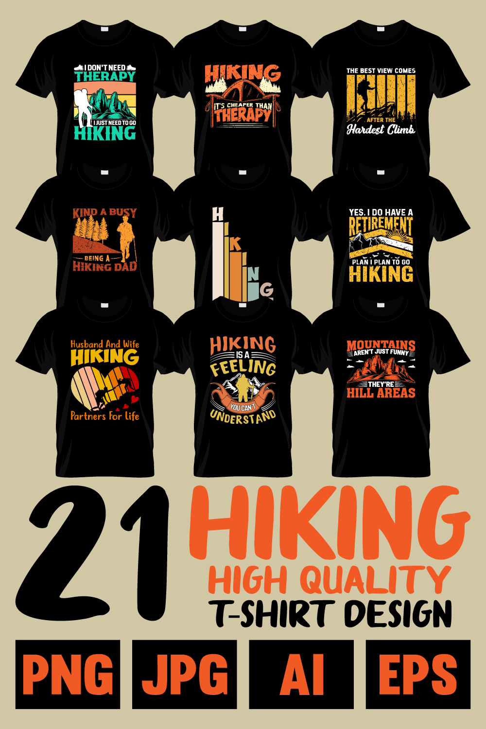 This is high quality hiking t-shirt design template with printable file pinterest preview image.