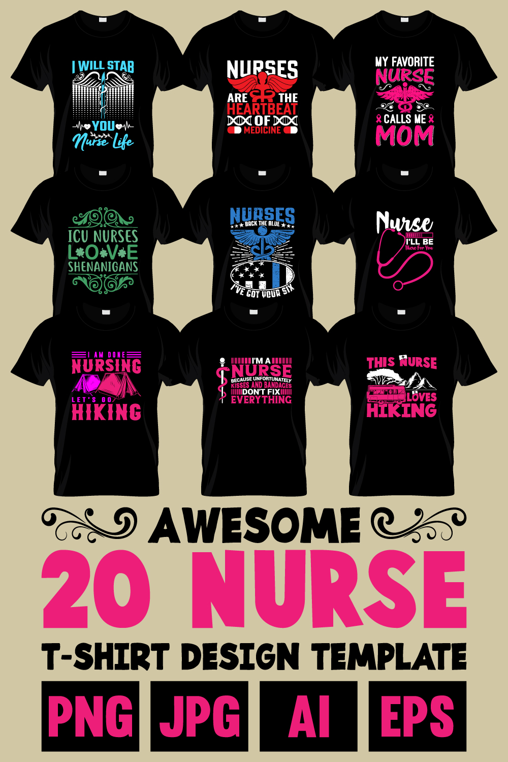 This is high quality nurse t-shirt design template with printable file pinterest preview image.
