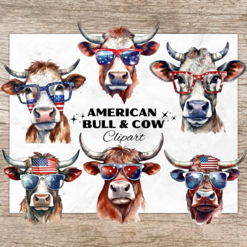 9 American Bull & Cow PNG, 4th of July Watercolor Clipart, Cow with Glasses, Transparent PNG, Digital Paper Craft, Illustrations, Watercolor Clipart for Scrapbook, Invitation, Wall Art, T-Shirt Design cover image.