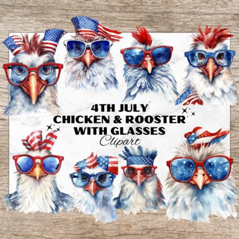 12 American 4th of July Chicken PNG, Watercolor Clipart, Chicken & Rooster with glasses, Transparent PNG, Digital Paper Craft, Illustrations, Watercolor Clipart for Scrapbook, Invitation, Wall Art, T-Shirt Design cover image.