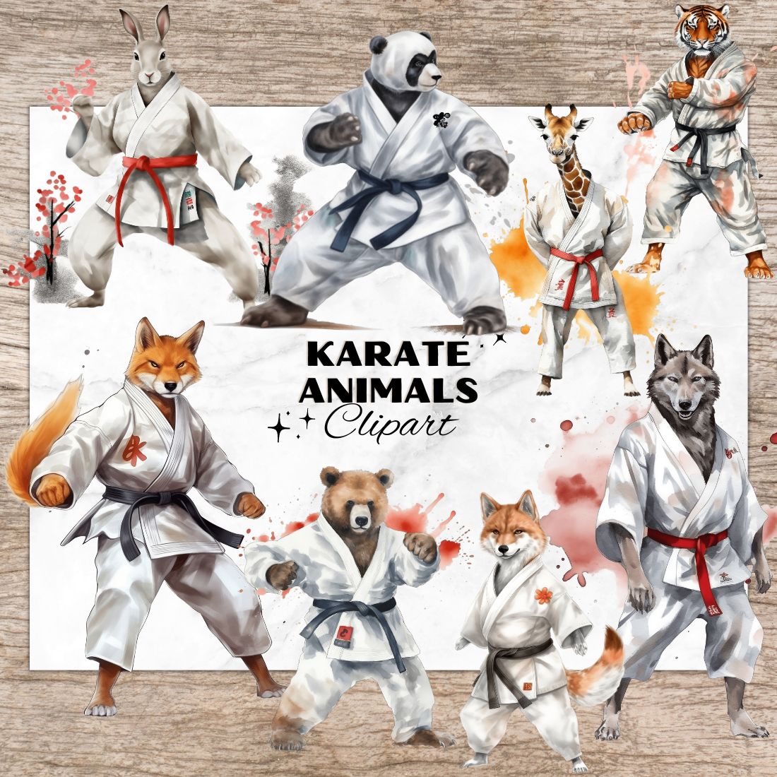 14 Karate Animal PNG, Animals Watercolor Clipart, Animals in Karate Suit, Transparent PNG, Digital Paper Craft, Watercolor Clipart for Scrapbook, Invitation, Wall Art, T-Shirt Design cover image.