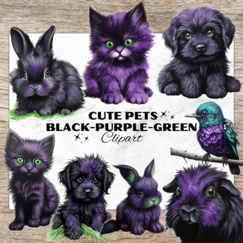 15 Cute Pets PNG, Pets Watercolor Clipart, Black Purple Green Pets, Transparent PNG, Digital Paper Craft, Watercolor Clipart for Scrapbook, Invitation, Wall Art, T-Shirt Design cover image.