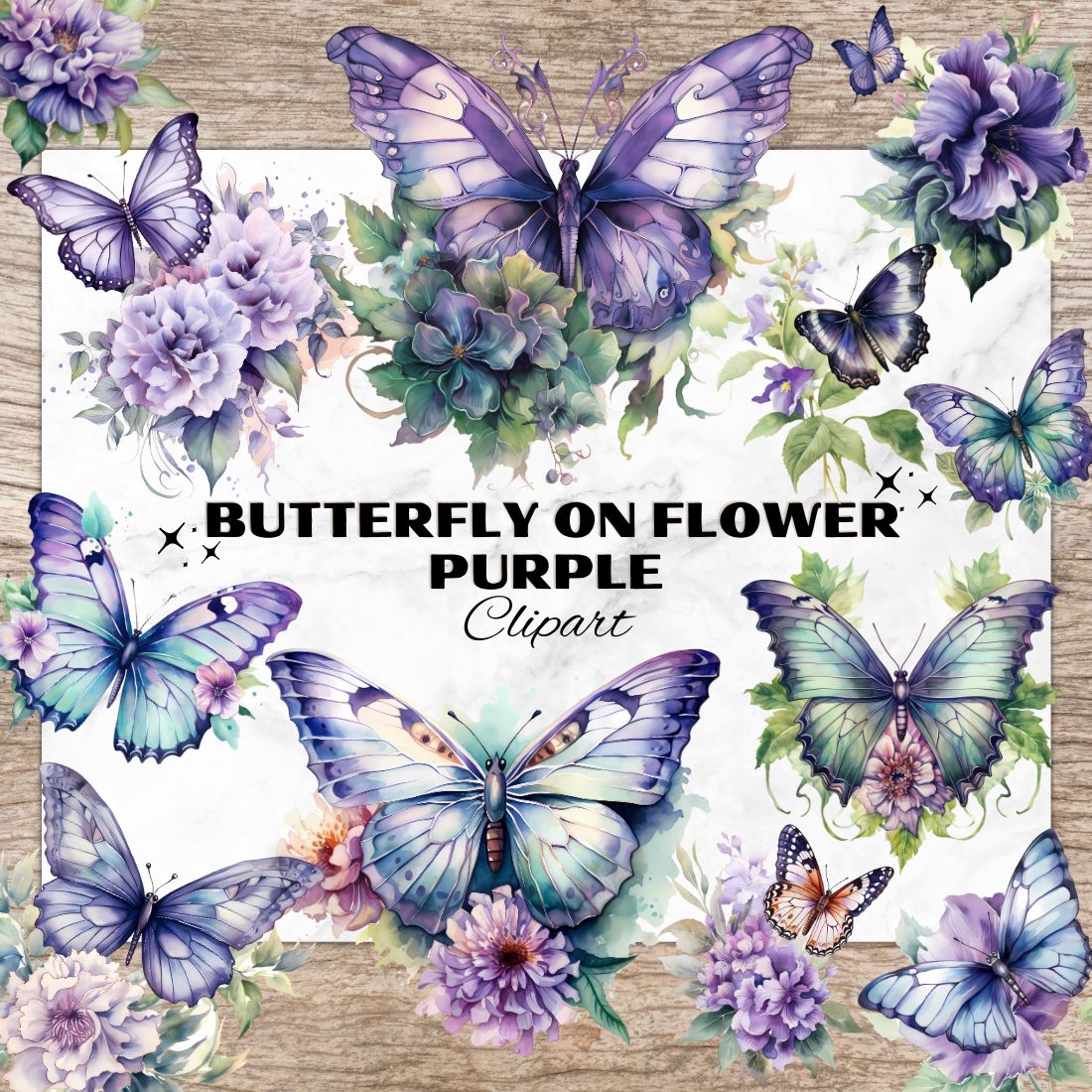 16 Butterfly On Flower PNG, Purple Colours, Butterfly Watercolor Clipart, Transparent PNG, Digital Paper Craft, Watercolor Clipart for Scrapbook, Invitation, Wall Art, T-Shirt Design cover image.