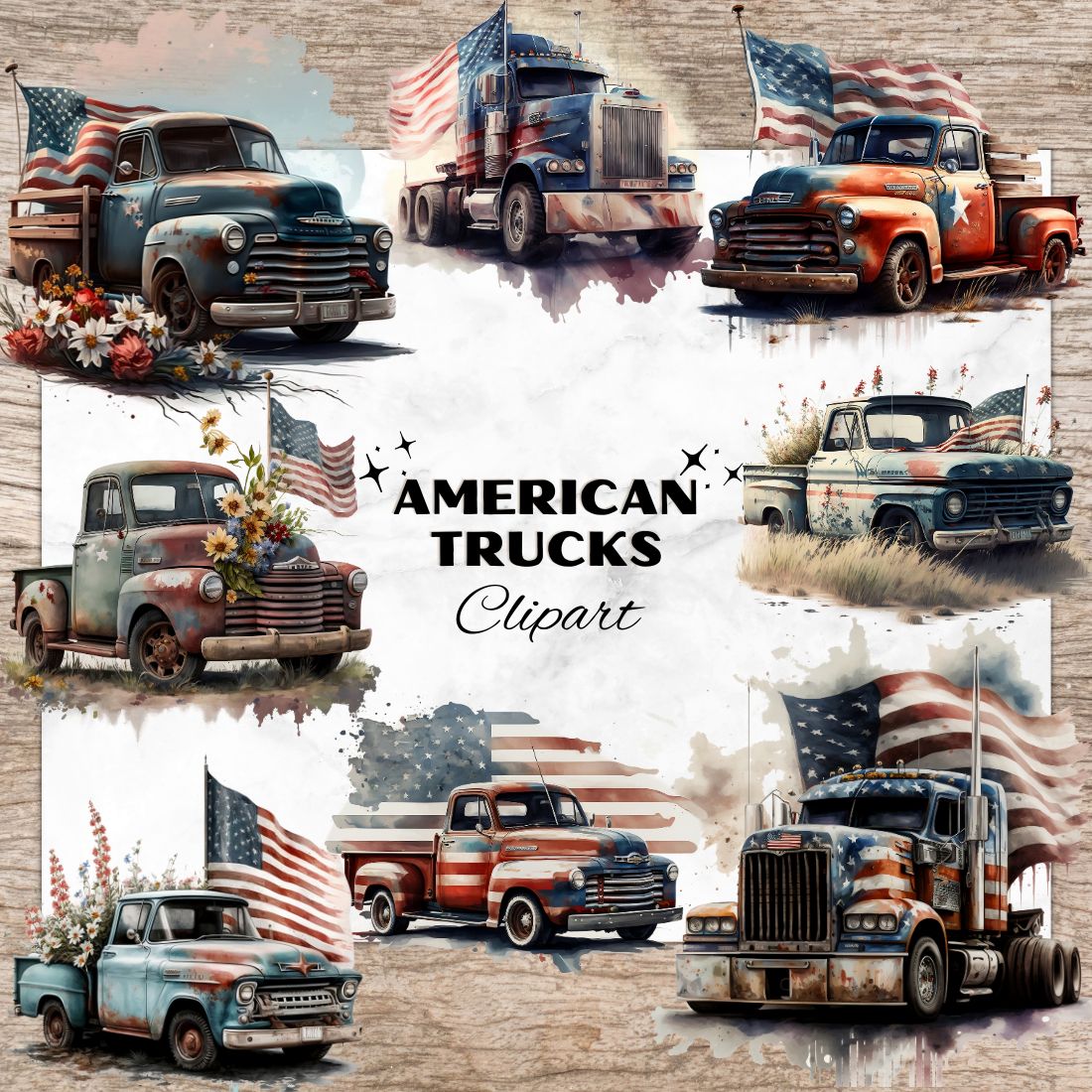 11 American 4th of July Truck PNG, American Trucks Watercolor Clipart, Transparent PNG, Digital Paper Craft, Watercolor Clipart for Scrapbook, Invitation, Wall Art, T-Shirt Design cover image.