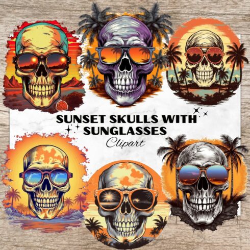 16 Sunset Skull PNG, Skull Watercolor Clipart, Skulls with sunglasses, Transparent PNG, Digital Paper Craft, Watercolor Clipart for Scrapbook, Invitation, Wall Art, T-Shirt Design cover image.