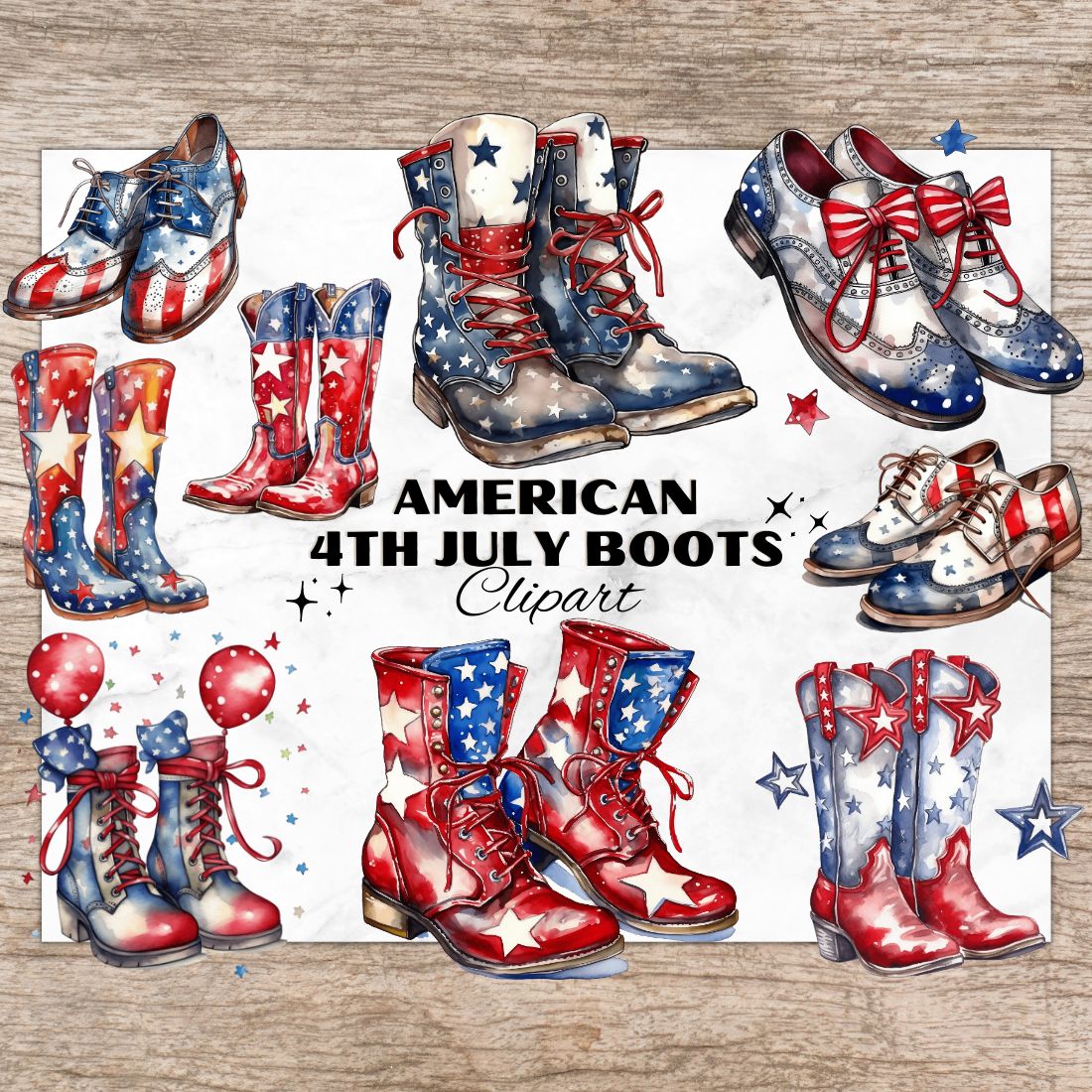 12 American Boots PNG, Watercolor Clipart, 4th of July, American Shoes, Transparent PNG, Digital Paper Craft, Illustrations, Watercolor Clipart For Scrapbook, Invitation, Wall Art, T-Shirt Design cover image.