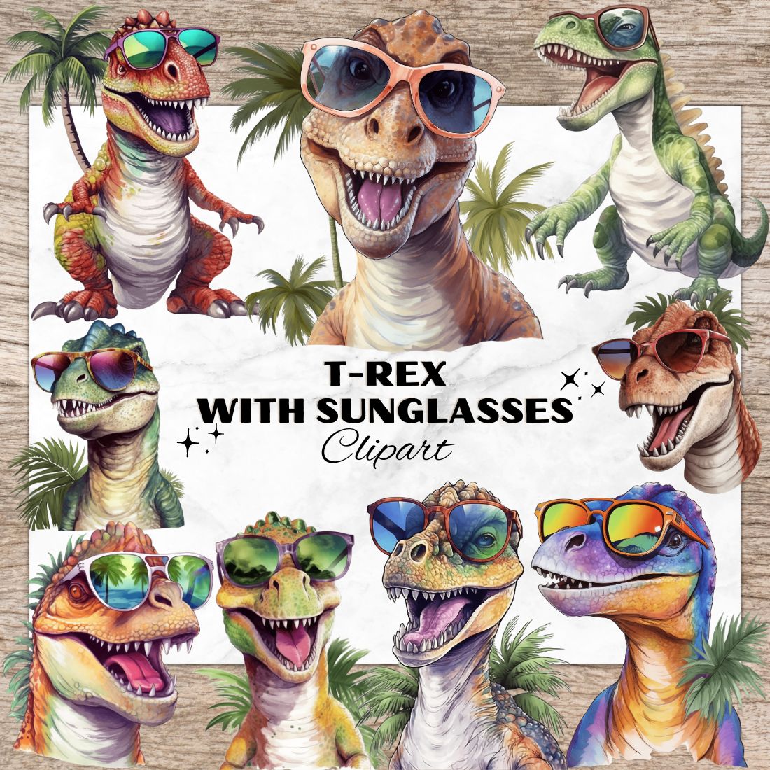 9 T-Rex with Sunglasses PNG, Watercolor Clipart, Dinosaur with Glasses, Transparent PNG, Digital Paper Craft, Watercolor Clipart for Scrapbook, Invitation, Wall Art, T-Shirt Design cover image.