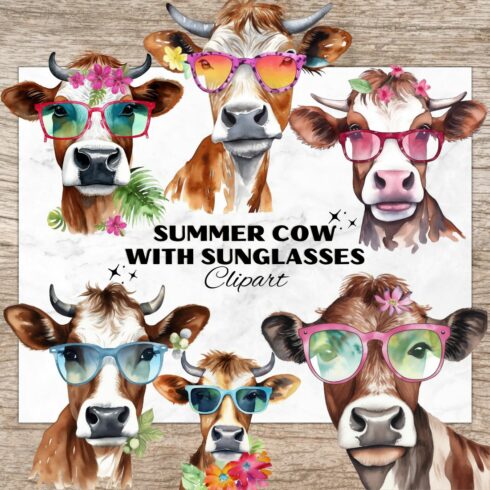14 Summer Cow With Sunglasses PNG, Cow with glasses, Watercolor Clipart, Transparent PNG, Digital Paper Craft, Watercolor Clipart for Scrapbook, Invitation, Wall Art, T-Shirt Design cover image.