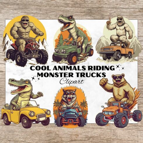 11 Watercolor Animals Riding Monster Trucks PNG, Animal Clipart, Transparent, Digital Paper Craft, Illustrations, Watercolor Clipart for Scrapbook, Invitation, Wall Art, T-Shirt Design cover image.
