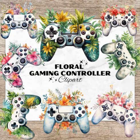 16 Floral Gaming Controller PNG, Gaming Watercolor Clipart, Transparent PNG, Digital Paper Craft, Watercolor Clipart for Scrapbook, Invitation, Wall Art, T-Shirt Design cover image.