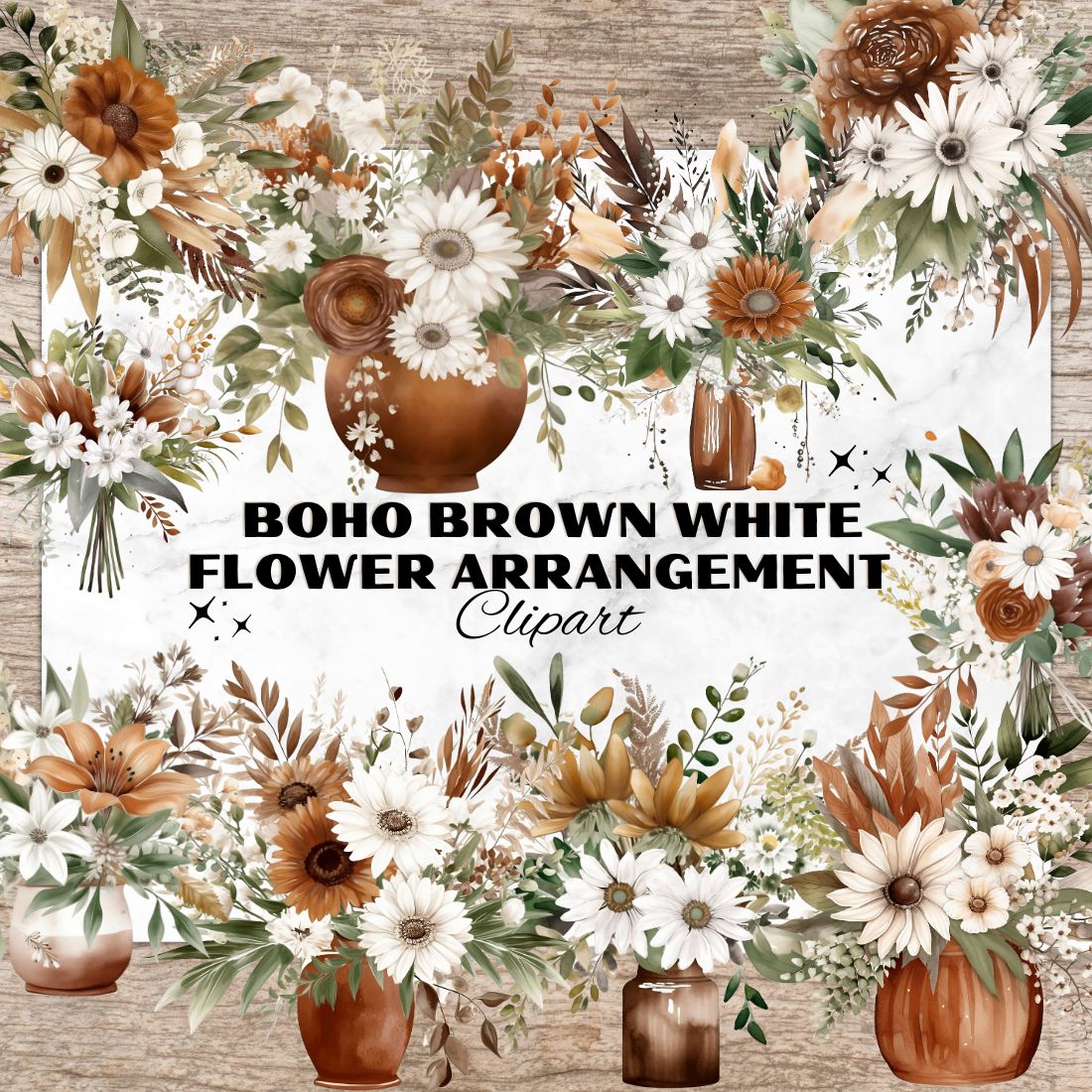 19 Boho Brown White Flower Arrangement PNG, Boho Flowers, Watercolor Clipart, Transparent PNG, Digital Paper Craft, Watercolor Clipart for Scrapbook, Invitation, Wall Art, T-Shirt Design cover image.
