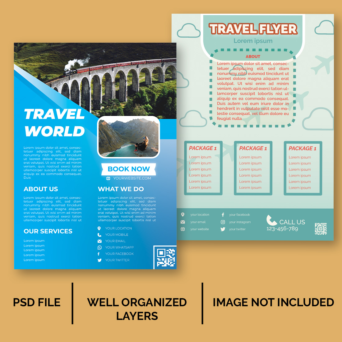 vector two travel flyer templates preview image.