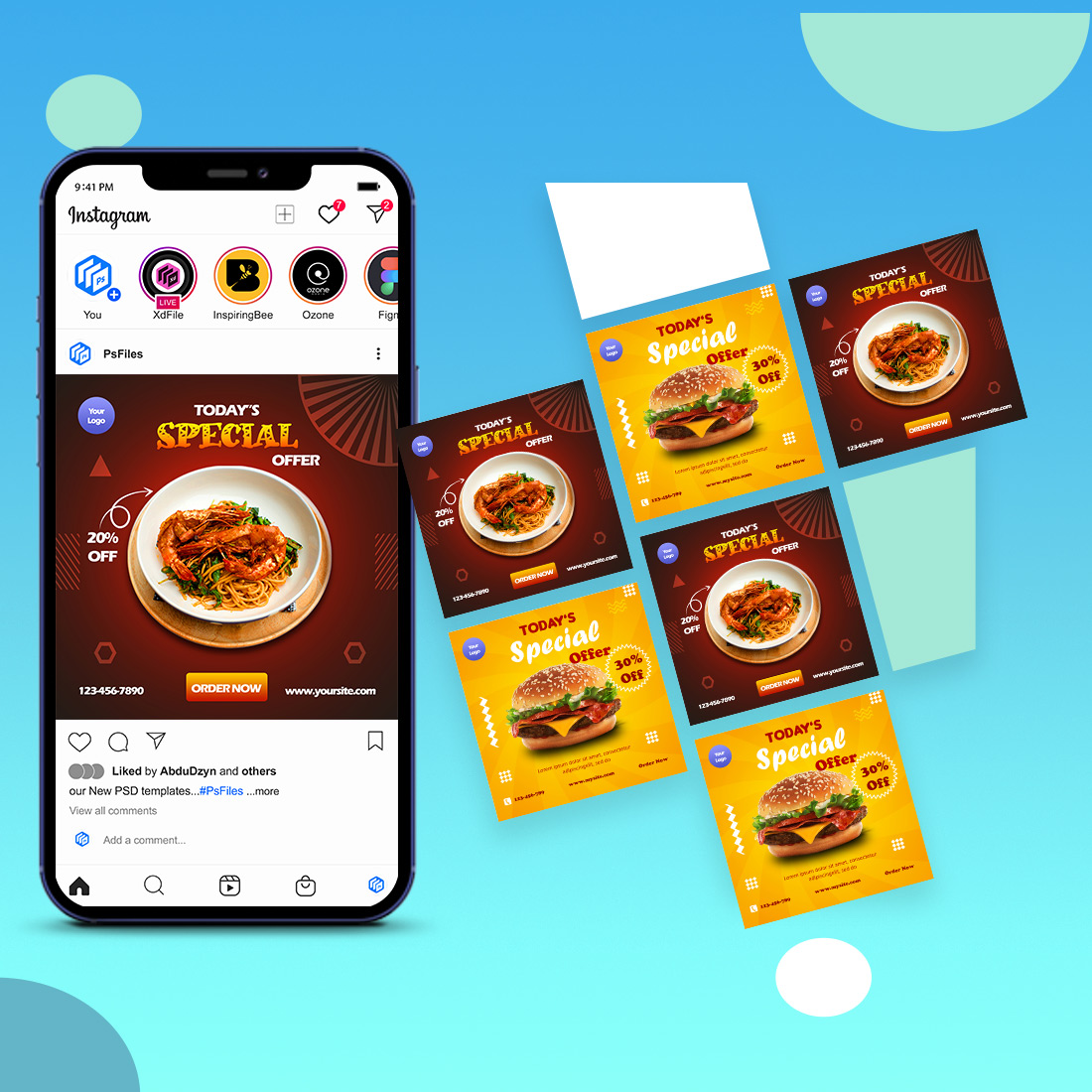 Instagram meal/ burger promotion PSD template preview image.