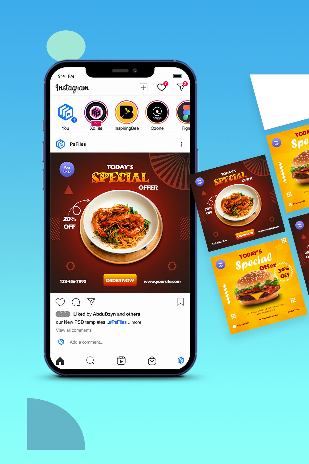 Instagram meal/ burger promotion PSD template pinterest preview image.
