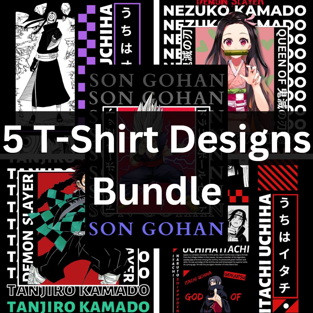 Anime Character T-Shirt Designs Bundle: Embrace the Power of Itachi, Obito, Nezuko, Tanjiro, and Goku preview image.