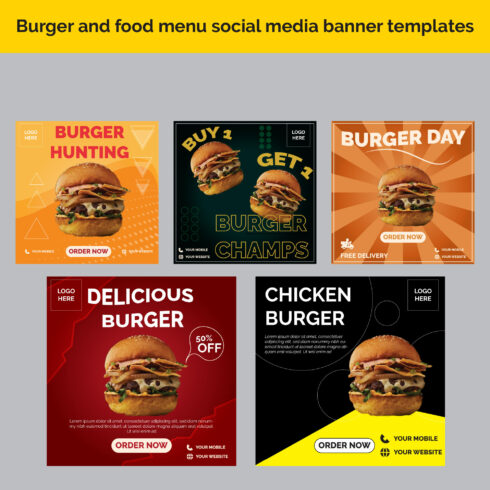 Burger and food menu social media banner templates cover image.