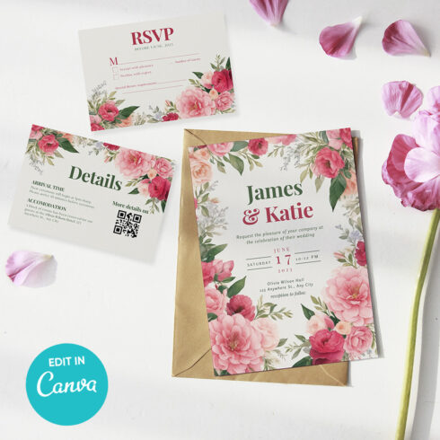 Wedding invitation set Editable in Canva, Floral, Printable Invite For Home Printing, Wedding Invites cover image.