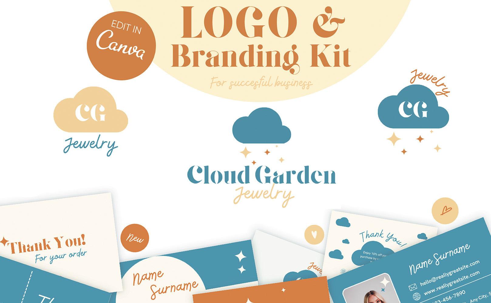Branding Kit Canva Templates Editable Logo, Business Cards, Thank You Cards, Facebook & Twitter header Instagram Highlights pinterest preview image.
