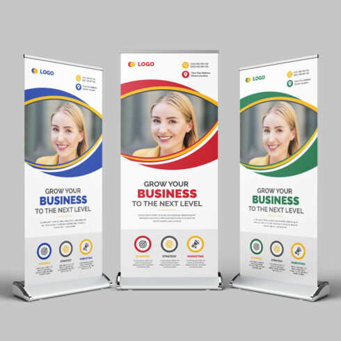 Roll up x banner standee banner template with creative shapes three color variation x banner design cover image.