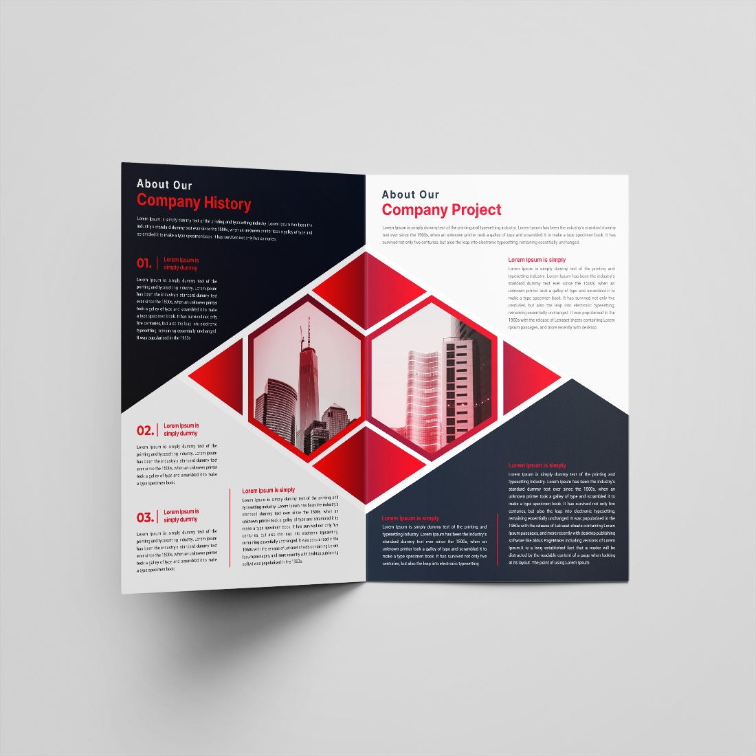 Corporate bifold brochure or company profile or annual report template design preview image.