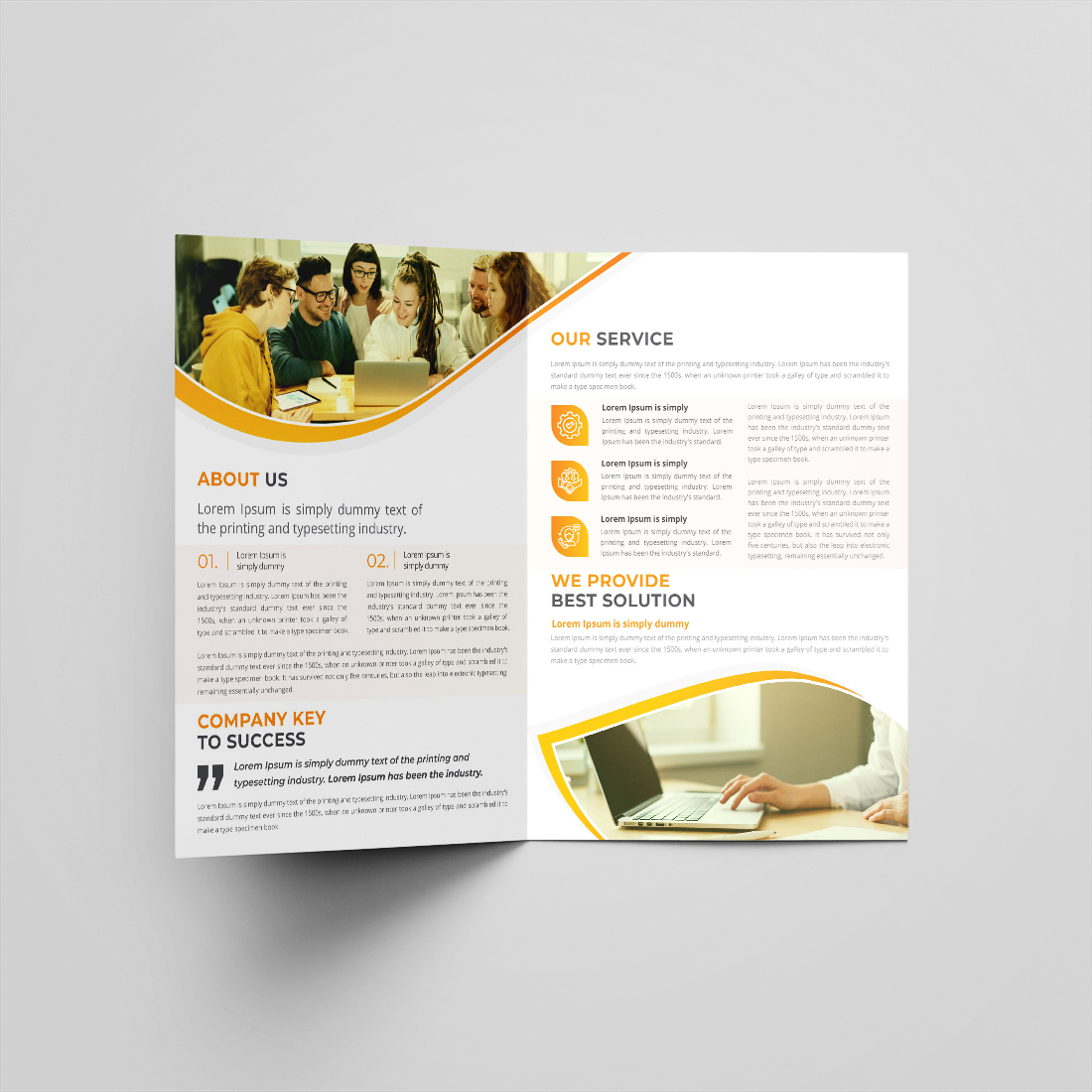 Corporate bifold brochure or company profile or annual report template design preview image.