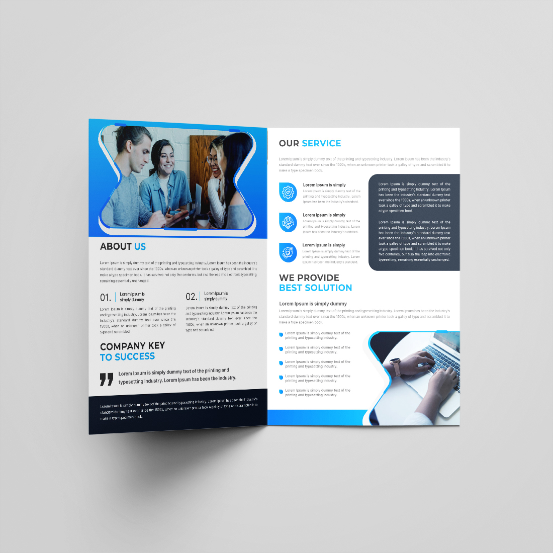 Modern corporate bifold brochure or company profile or annual report template design preview image.