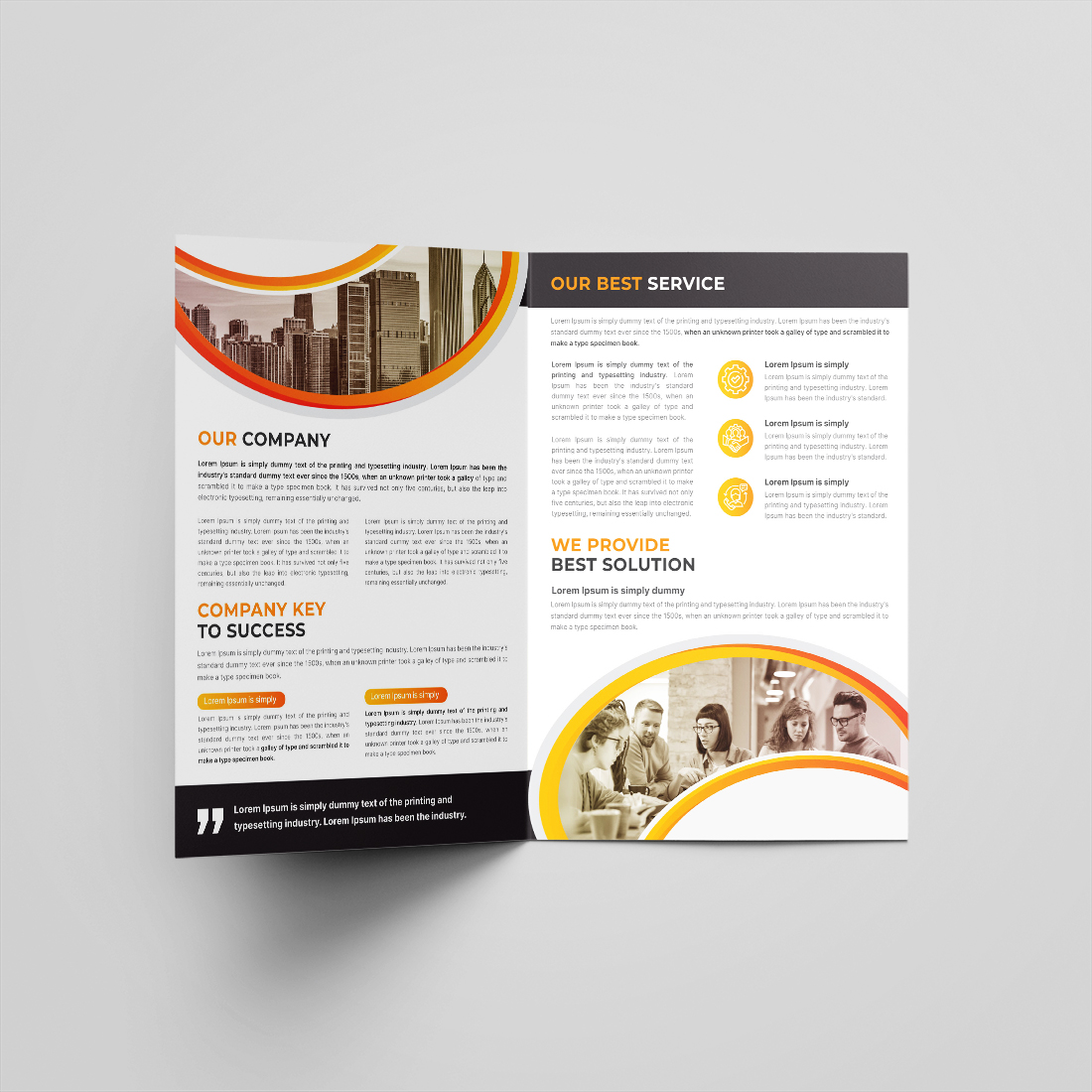 Creative bifold brochure or company profile or annual report template design preview image.