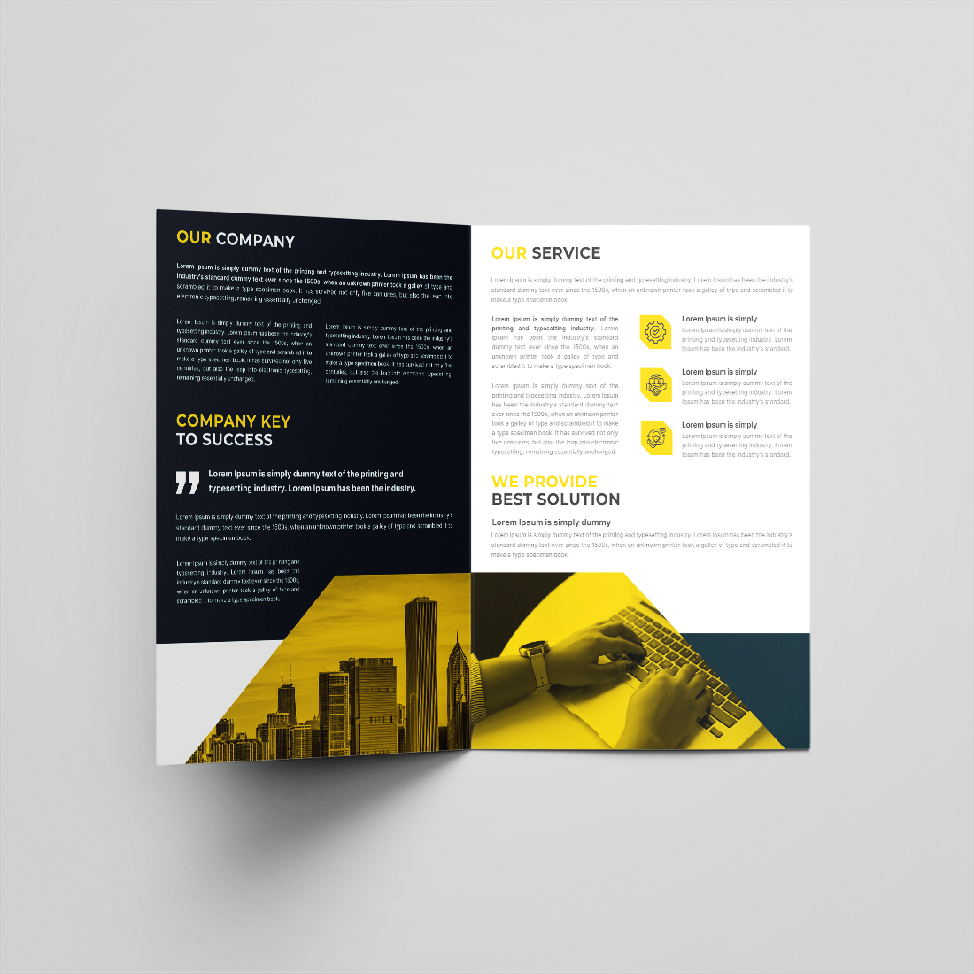 Corporate bifold brochure or company profile or annual report template design preview image.