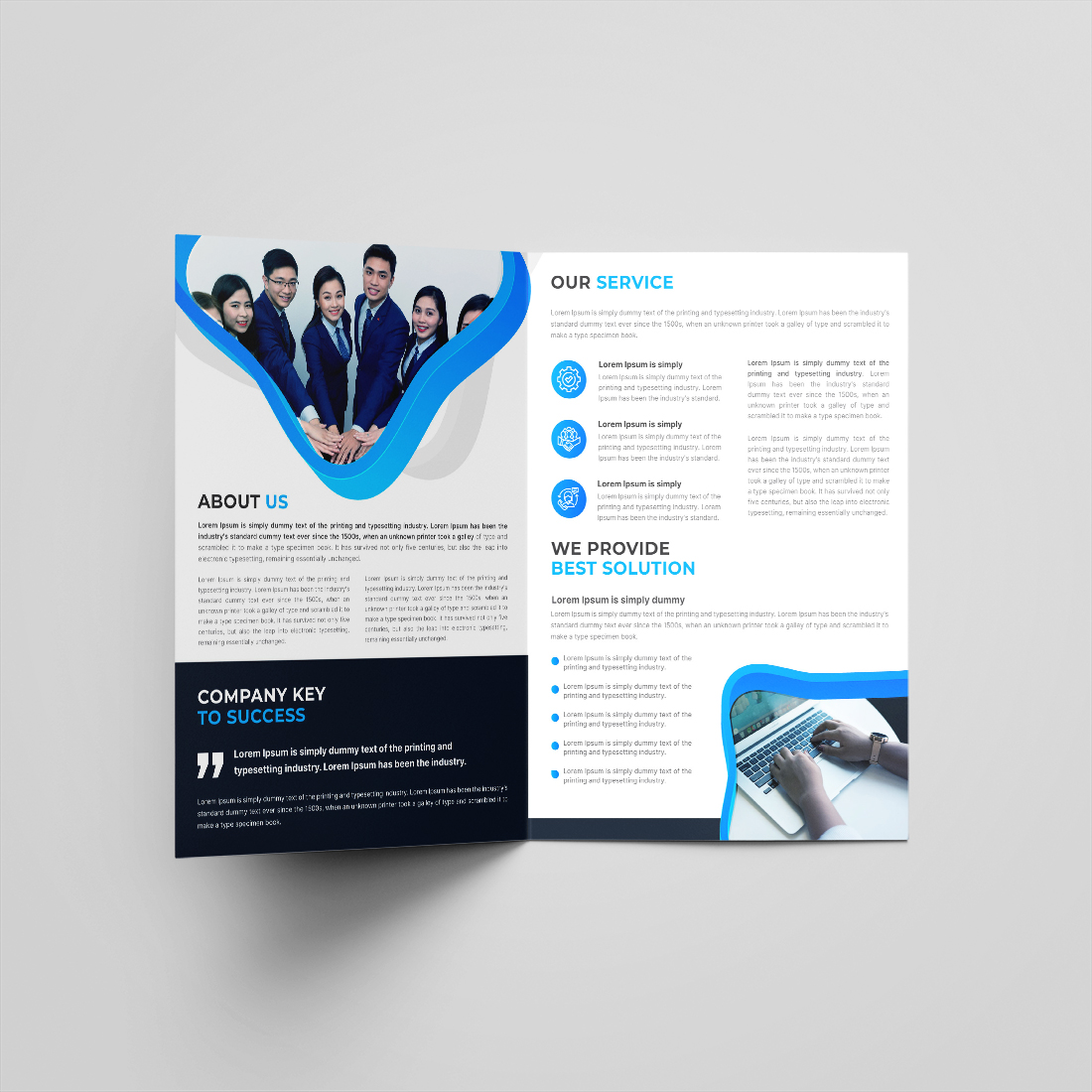 Bifold brochure or company profile or annual report template design preview image.