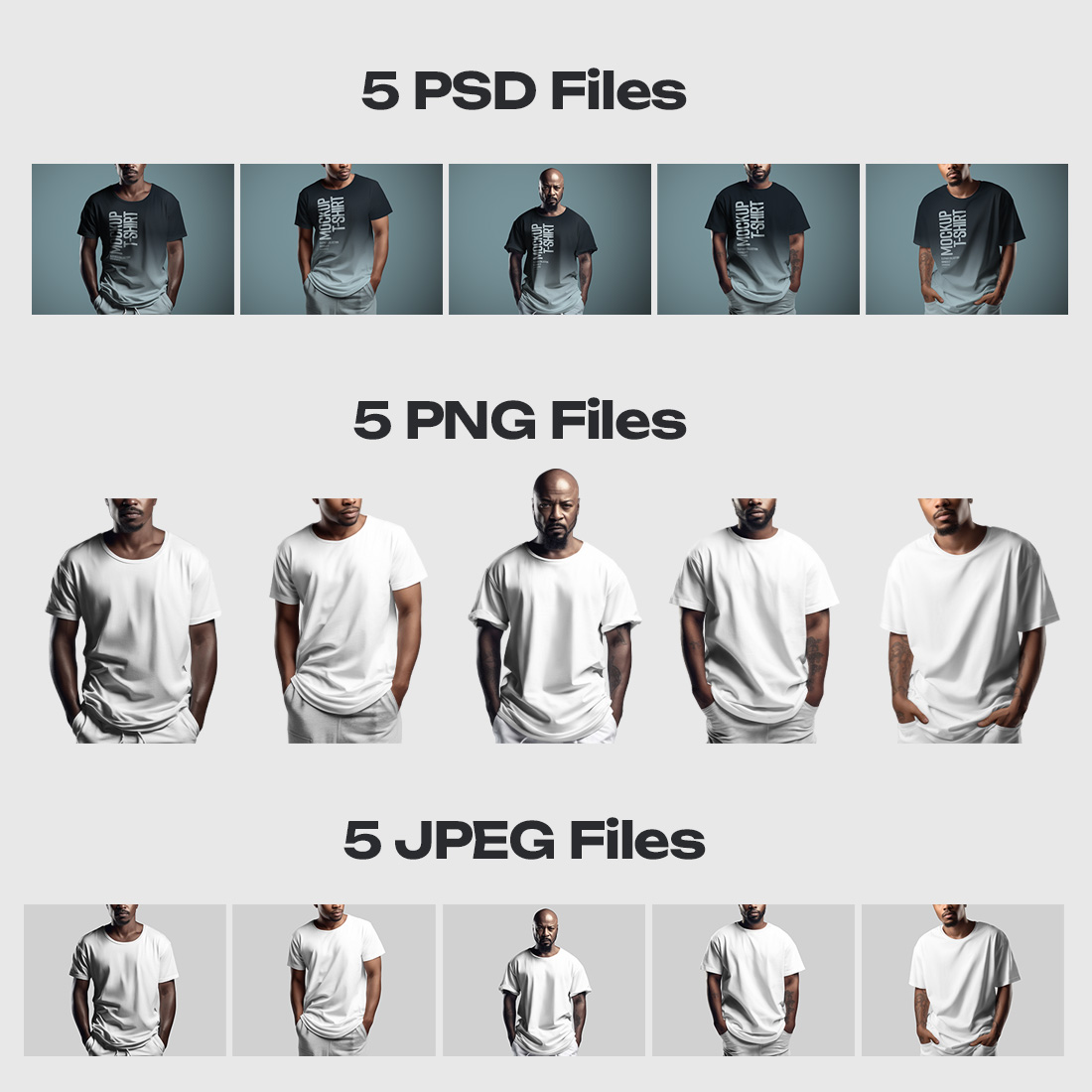 5 T-shirt Mockups on African American Man Generated Ai preview image.