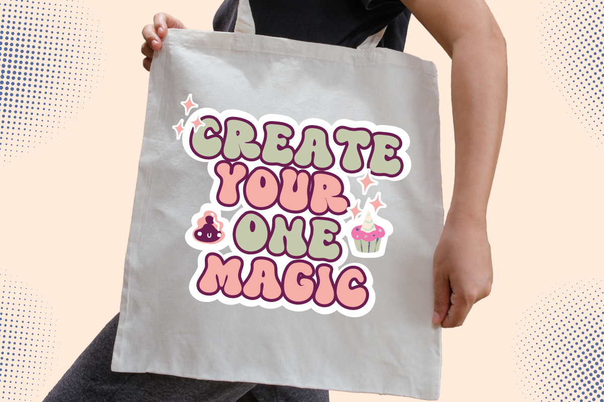 03 magic retro groovy font quotes sticker mock up totebag 324