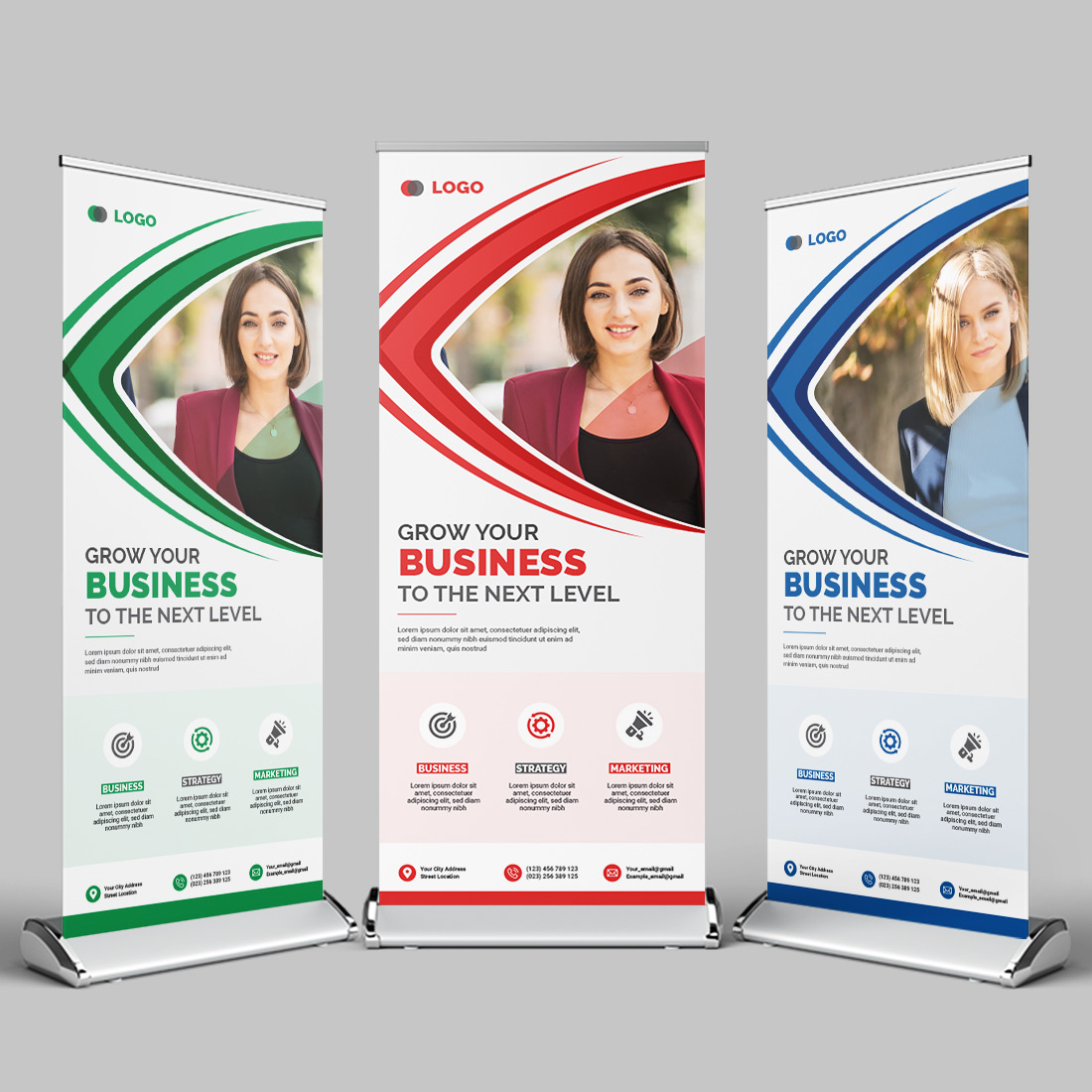 Roll up x banner standee banner template with creative shapes three color variation x banner design preview image.