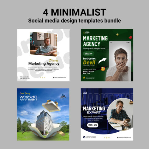 4 Minimalist Social Media design Templates Bundle cover image.