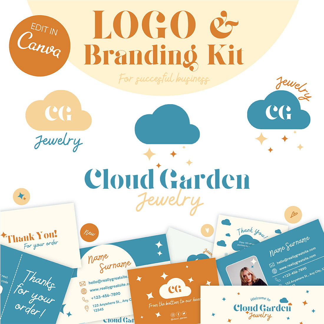 Branding Kit Canva Templates Editable Logo, Business Cards, Thank You Cards, Facebook & Twitter header Instagram Highlights cover image.