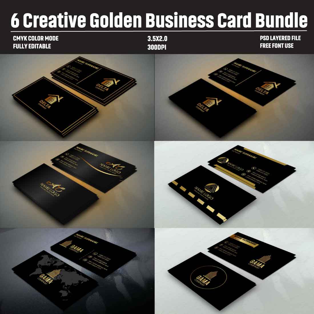 6 Creative Golden Business Card Bundle cover image.