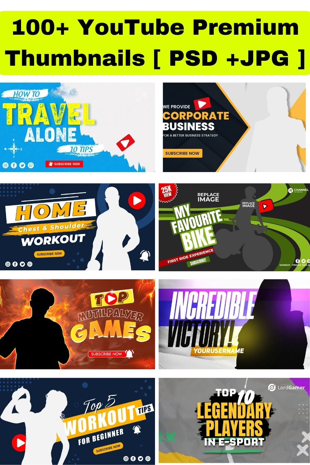 100+ YouTube Premium Custom Thumbnails Bundle for Gym , Gaming, Business ,Personal videos [ PSD +JPG ] pinterest preview image.