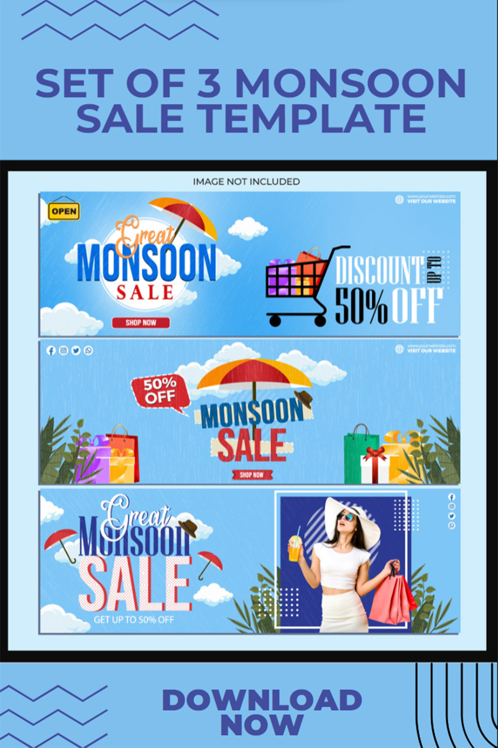 Umbrella and shopping bags for monsoon season sale Banner landing page web header template design pinterest preview image.