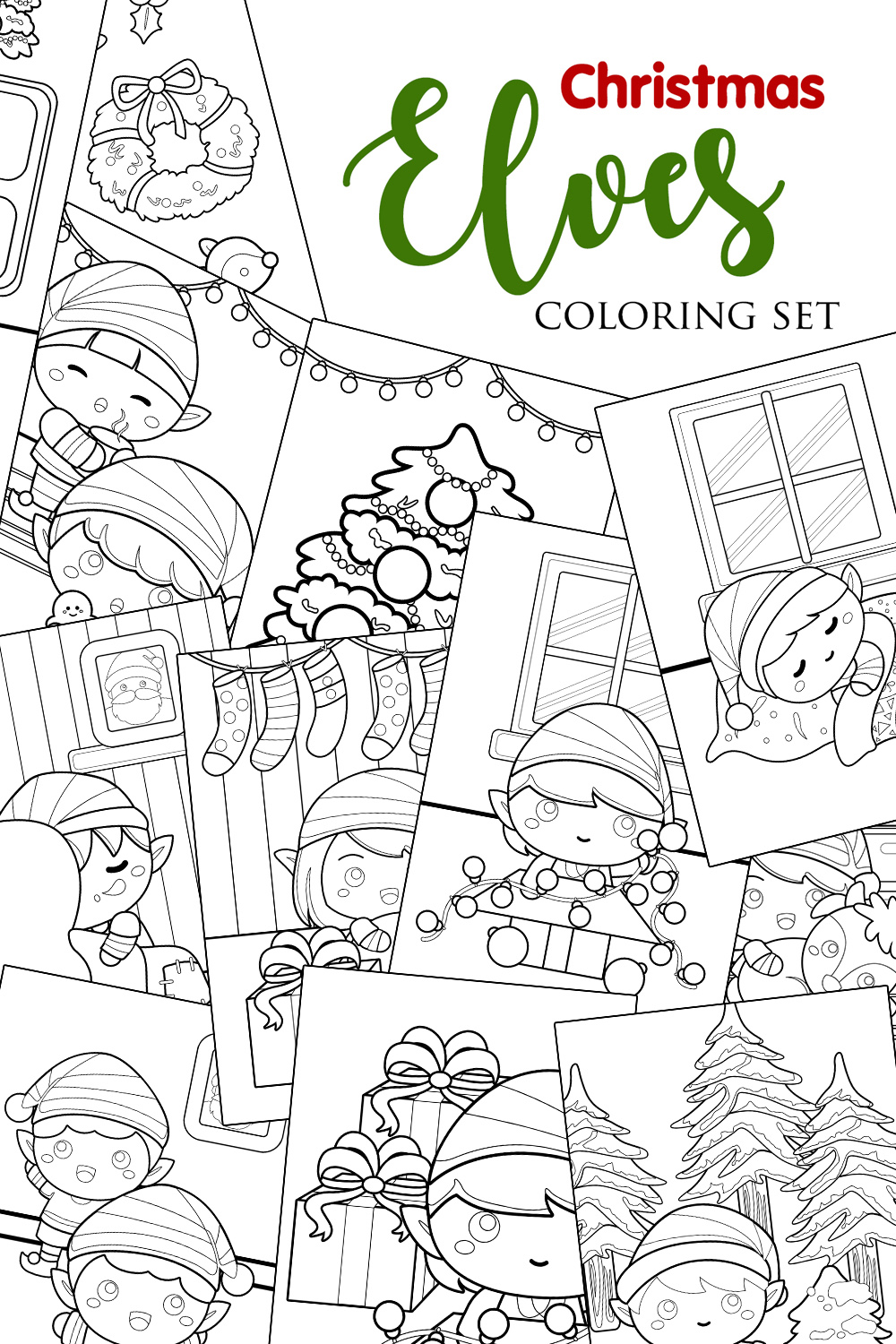 Cute Christmas Elf Kids Boy and Girl at Home and Decoration Outline Coloring Pages Activity pinterest preview image.
