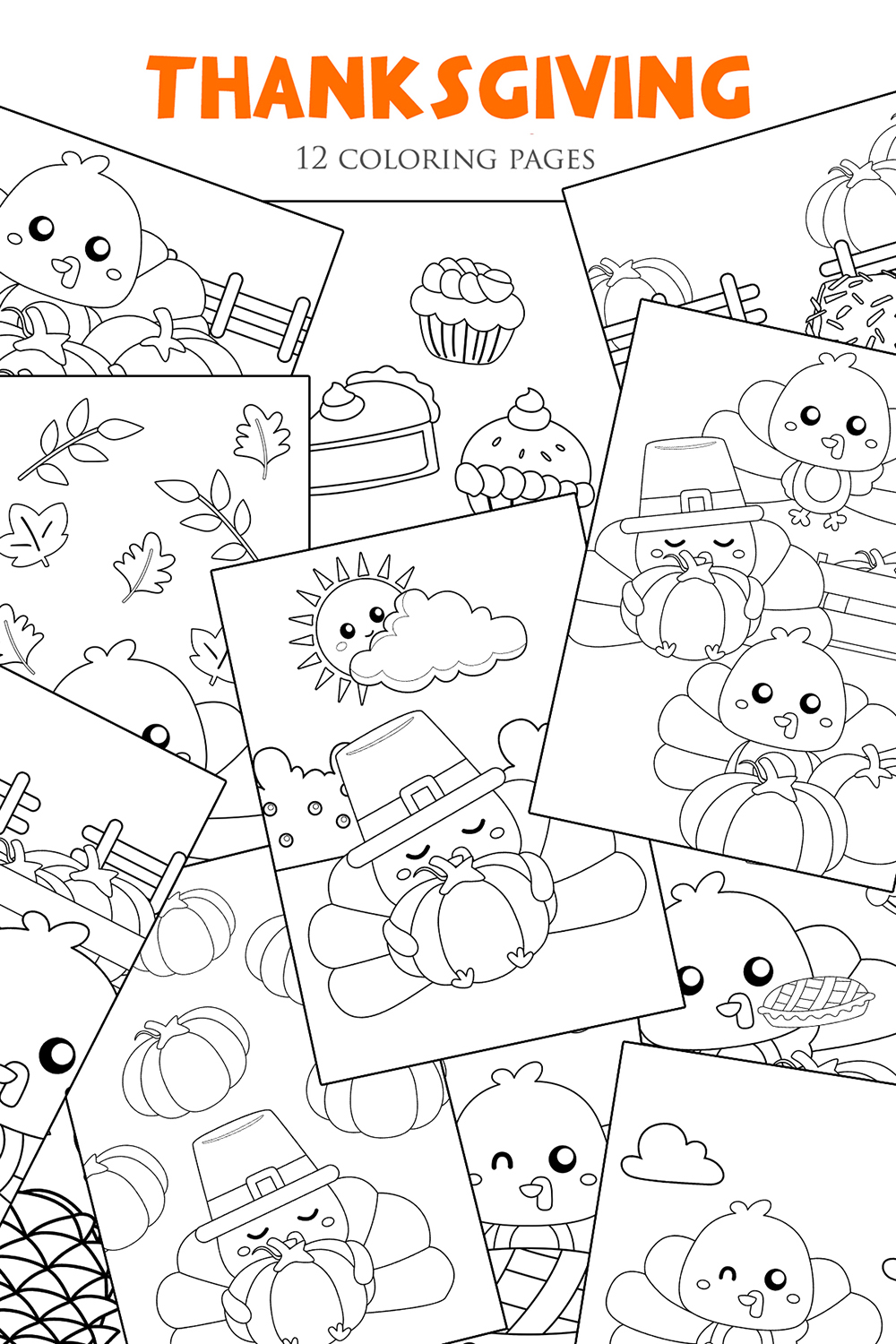 Thanksgiving Turkey Bird Garden Party Decoration Animal and Food Pie Season Holiday Background Cartoon Coloring Pages for Kids and Adult pinterest preview image.