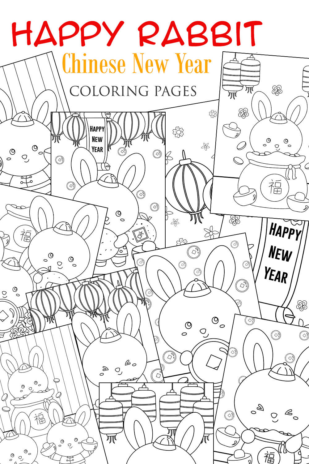 Cute Happy Rabbit Chinese New Year Party Animal Cartoon Coloring Pages for Kids and Adult pinterest preview image.