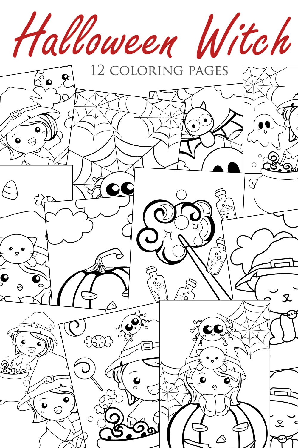 Cute Girl Wearing Halloween Witch Costume for Party Coloring Pages for Kids and Adult pinterest preview image.