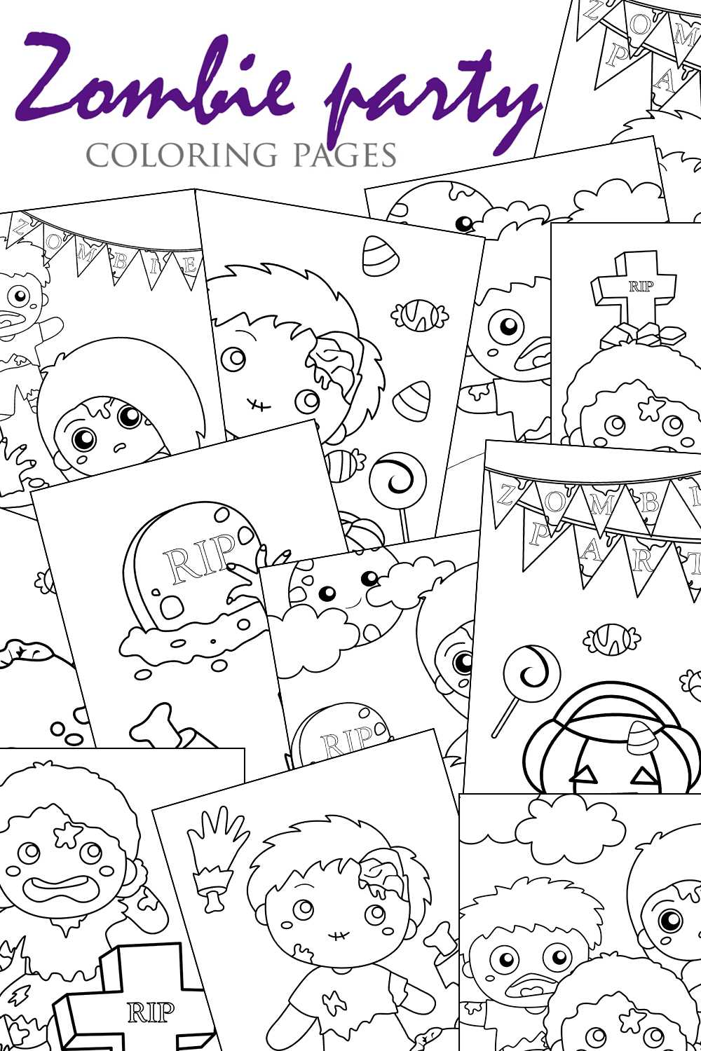 Kids Halloween Zombie Party Background Decoration October Event Cartoon Coloring Pages for Kids and Adult Activity pinterest preview image.